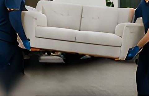 Två flyttare bär en ljusgrå soffa